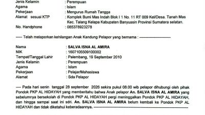 Santriwati 16 tahun asal Palembang hilang dari ponpes Al hidayah Jambi
