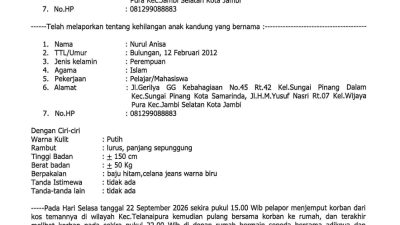 Gadis 14 tahun di Jambi Selatan hilang sejak 23 September ibuk histeris lapor Polresta Jambi